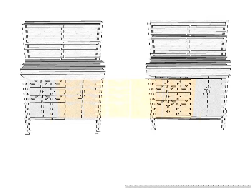Acorn Heavy-Duty Cupboard Workbench (V.1) – Sturdy Wooden Workbench with Two-Door Cupboard, Multiple Drawers, and Optional Back Panel or Pegboard, Ideal for Garages, Workshops, and Sheds