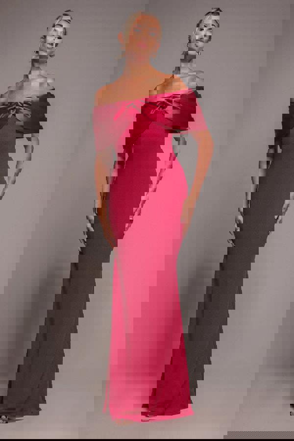 Twist Knot Satin & Scuba Bardot Maxi Dress - Magenta DR4575