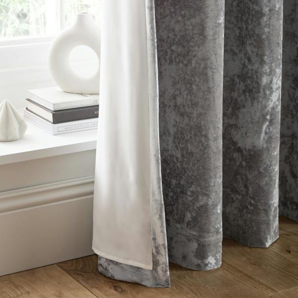 Catherine Lansfield Crushed Velvet Lined Eyelet Curtains Silver Grey