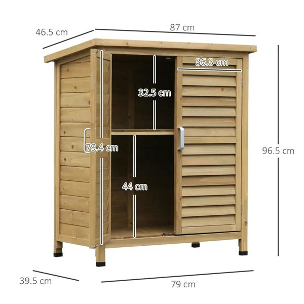 Wooden storage shed front view with double shutter doors and side height markings