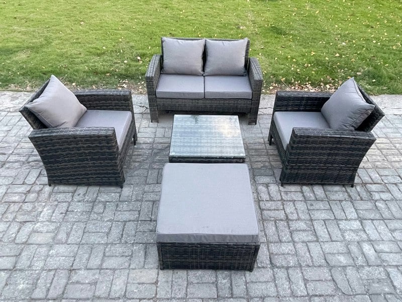 Fimous 5-Piece Outdoor Lounge Sofa Set - Dark Grey Mixed PE Wicker Rattan Garden Furniture with Armchair & Square Coffee Table