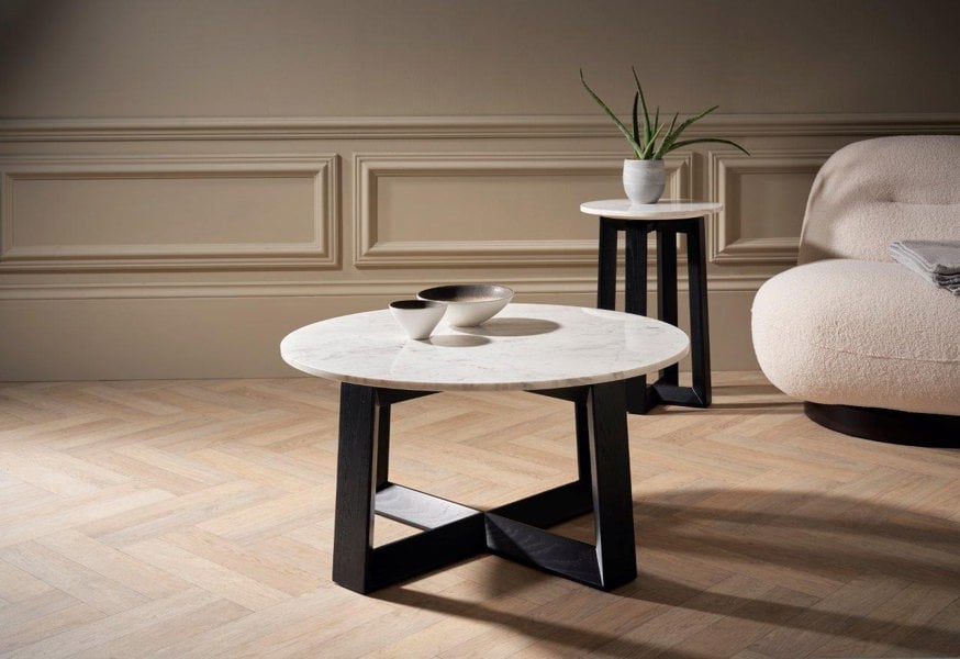 Cadiz Small Round Coffee Table with Natural Stone White Marble Top & Natural Black Oak Base by Gillmore British Design © GillmoreSPACE Limited