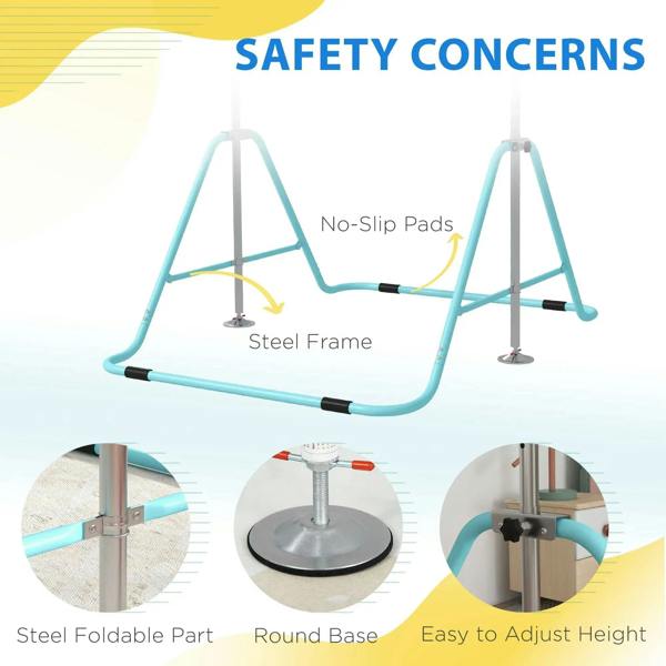 Kids gymnastic bar with light blue steel frame, non-slip pads, and rounded base supports