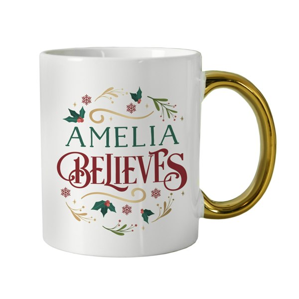 Personalised Memento Company Personalised Believes In Christmas Gold Handled Mug