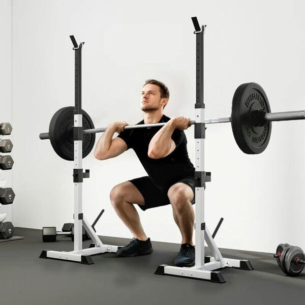 Weights Bar Barbell Rack Squat Stand Adjustable Portable Weight Lifting Max Load 200kg, Suitable For Home Gym Training Work Out - Silver