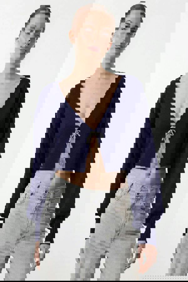 WOVCOR Super Crop Knit Cardigan with Bow Detail