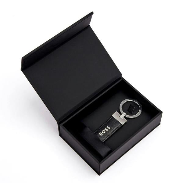 Boss Logo Grain Leather Polished Keyring - Black - 