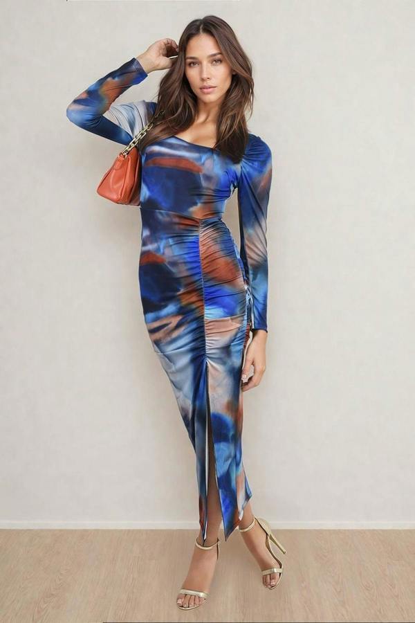 Hana Abstract Printed Long Sleeve Ruched Side Slit Midi Dress - Blue
