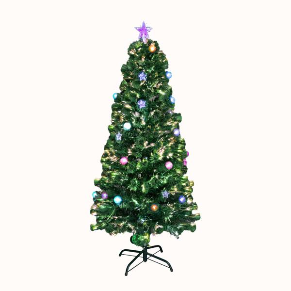 4Ft Fibre Optic Christmas Tree with Baubles and Stars, PVC Green Pre-Lit Decorative Display image 1