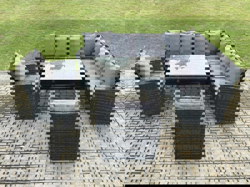 Fimous High Back Outdoor Garden Furniture Set Rattan Corner Sofa Dining Table Set With 2 Armchairs 8 Seater Dark Grey Mixed