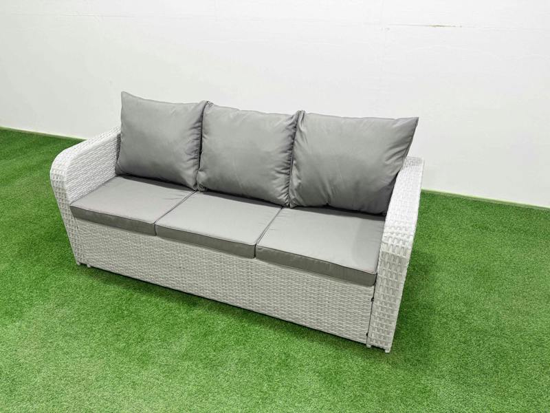 Fimous 8 Seater PE Rattan Garden Furniture Set, Firepit Table, Reclining Chair, Loveseat, 3 Seater Sofa, 2 Big Footstools, Side Table, Light Grey