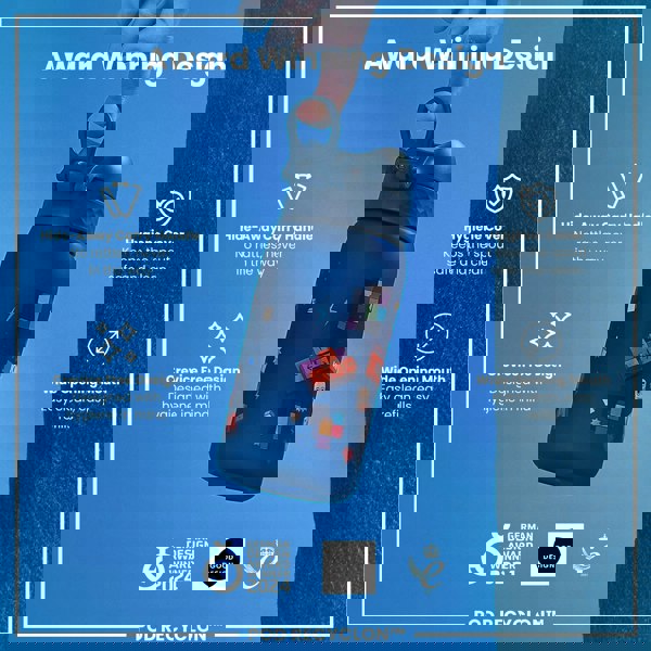 A blue water bottle with a carrying handle and game-themed design is being held. Features include a hide-away handle, crevice-free design, hygiene cover, and wide mouth. It's an award-winning design.