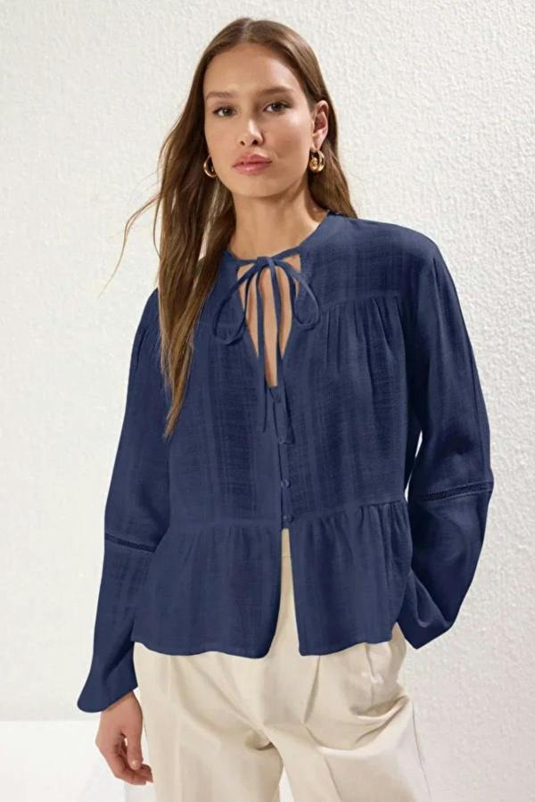 Hoxton Gal Cotton-Textured Regular Fit Woven Shirt with Lace Sleeve Detail