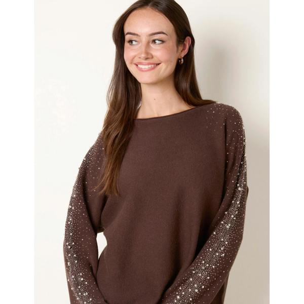 Blue Vanilla Diamante Sleeve Round Neck Knit Jumper