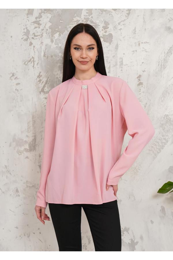 Hoxton Gal Oversized Long Sleeves Brooch Detailed Blouse in Pink