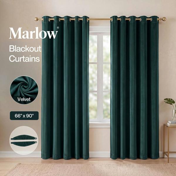 Marlow Thick Thermal Blackout Curtains Velvet 66x90 Inch Eyelet Ring Top Green