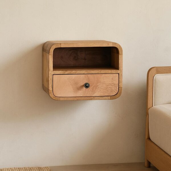 Wyld Haus Cagliari Small Wall Mounted Curved Mango Wood Bedside Table with Shelf