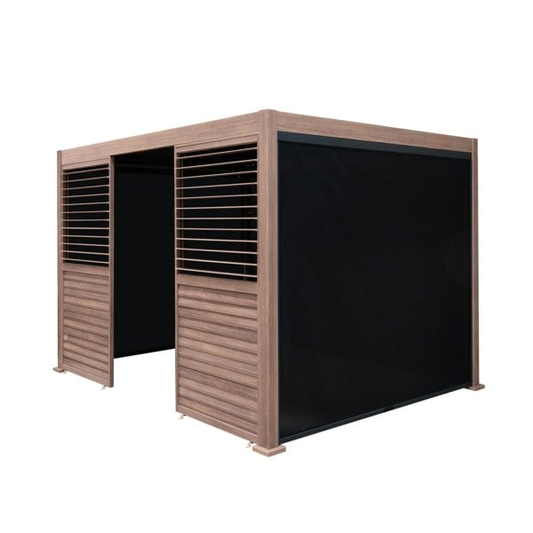 Wood effect aluminium pergola with blinds and two louvre panels, featuring a modern design and sleek, textured finish in a 3m x 3m size