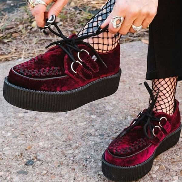 TUK Footwear TUK Viva High Creeper Burgundy Velvet Platform Lace-Up Goth Shoes - AV6802