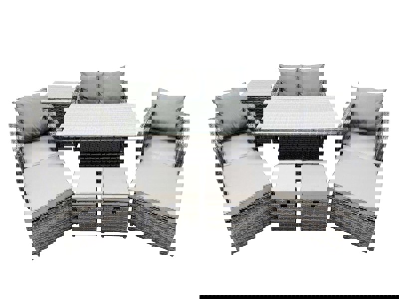 Fimous 8 seater Patio Height Adjustable Rising Table Sofa Set Rattan Garden Furniture Dining Set with 2 Big Footstool Side Table Dark Grey Mixed