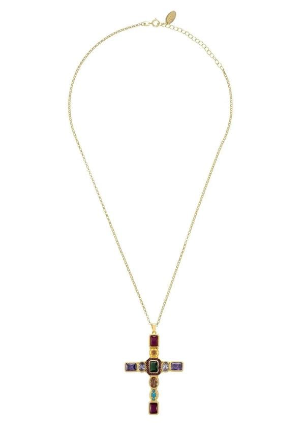 Santa Maria Extra Large Gemstone Cross Pendant Gold - LATELITA Necklaces
