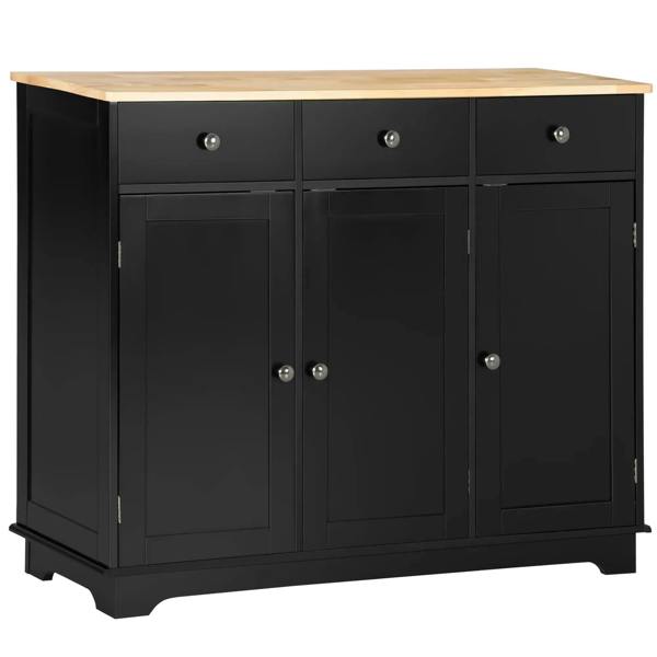 Black sideboard cabinet with light wood top, three doors, and drawer fronts with metal knobs
