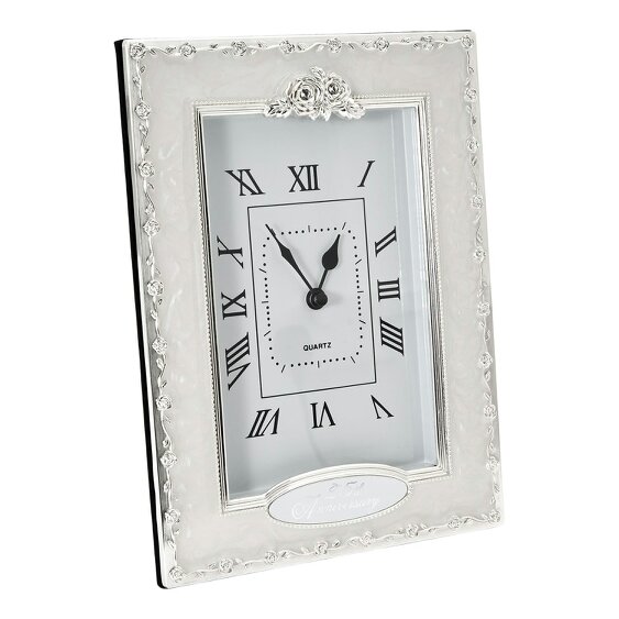 Happy Homewares 25th Anniversary Clock in White Epoxy with Silver Plated Roses and Diamantes
