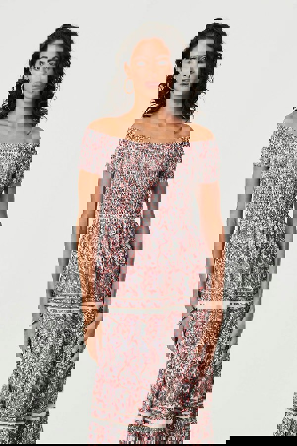 Pink | Ditsy Floral Bardot Smocked Midi Dress
