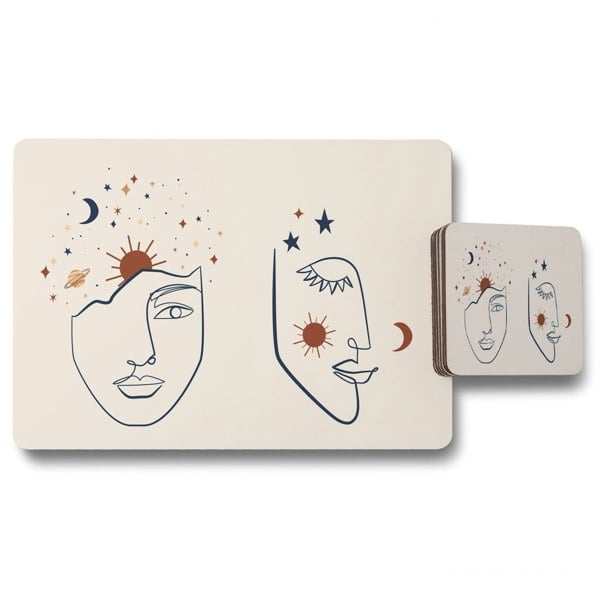 Benjamin Tate Design Line art Illustration with Mystical and Celestial elements like stars, moon, sun and planets (Placemat & Coaster Set)