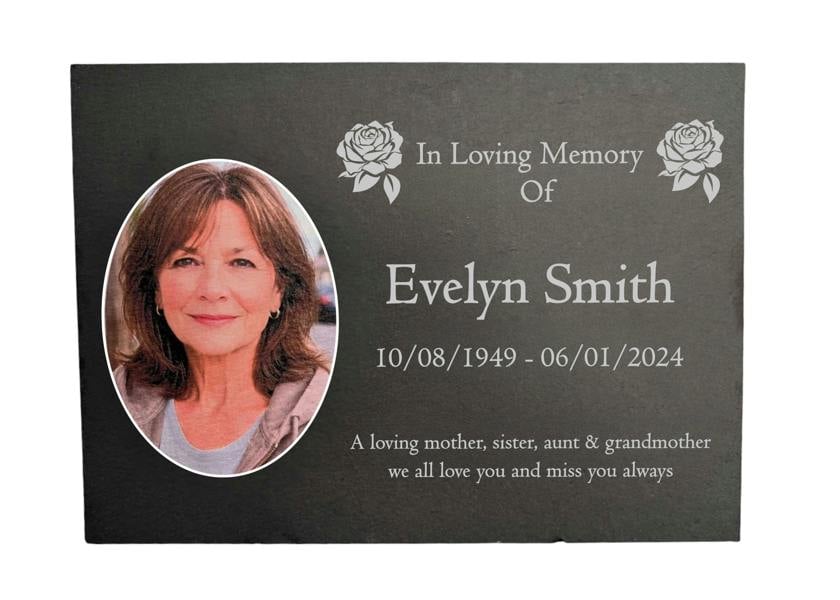 Memorials Direct Photo Slate Memorial Plaque, Roses, Add a Portrait & Personalised Text | 35×25cm (14×10”)