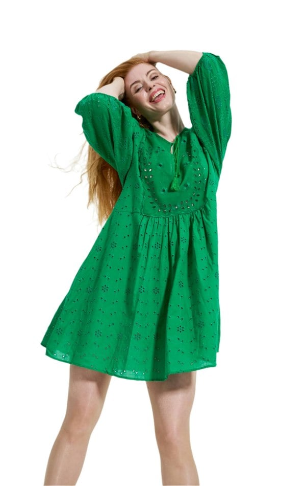 Elle Jane Embroidery Anglaise Beach Dress in Green