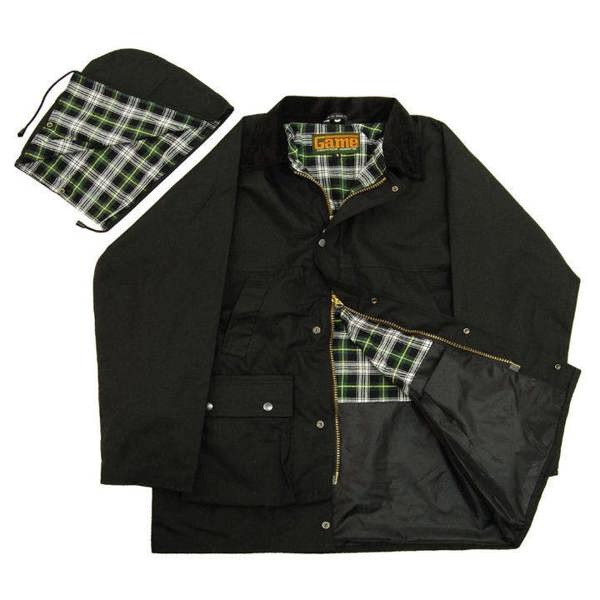 Black mens Game Unpadded wax jacket with green tartan lining