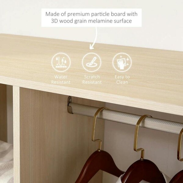 Open Wardrobe on Wheels, Bedroom Wardrobe - Clothes Hanging Rail, 3 Storage Shelves, Mobile Garment Rack for Hallway, Maple Wood-Effect