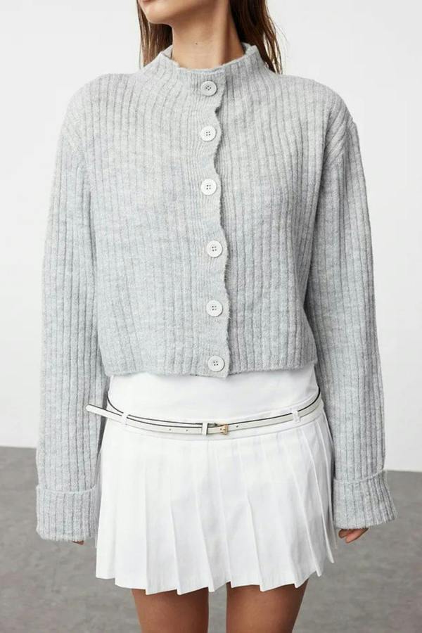 Hoxton Gal Cropped Soft-Textured High Neck Knit Cardigan