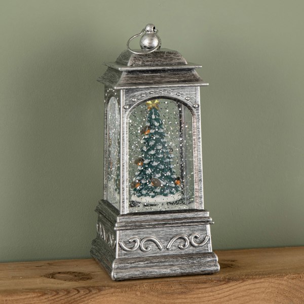 Samuel Alexander 21cm Dual Powered Light up Silver Water Spinner with Robins on Christmas Tree & White LEDs