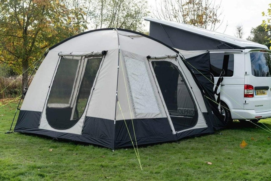 OLPRO Cubo Poled Campervan Awning on a VolksWagen T5, the awning doors are all open. It is being shot from the rear of the van