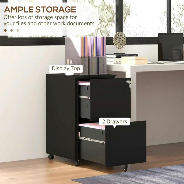 Black mobile filing cabinet with two open drawers and lock