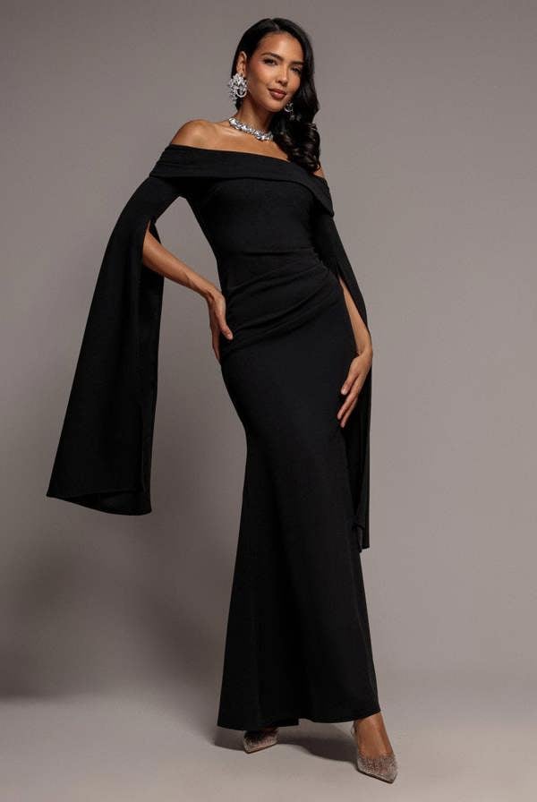 Off Shoulder Bardot Maxi Dress With  Split Cape Sleeves - Black DR5254