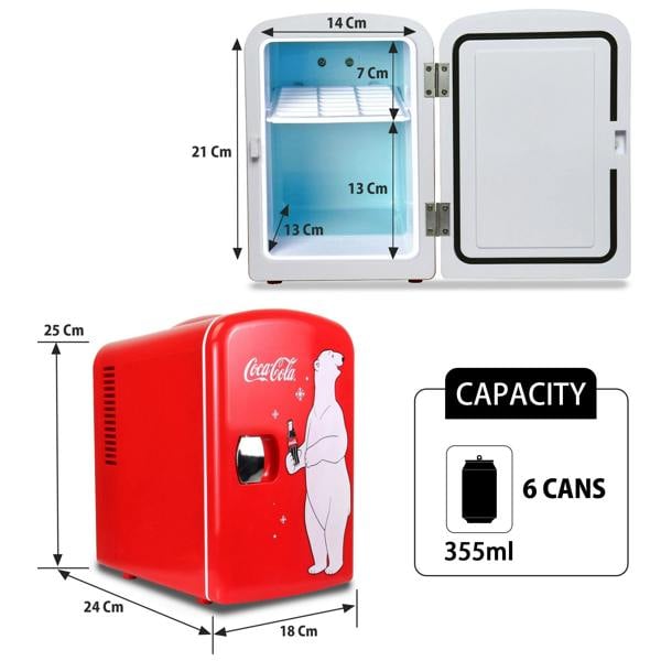 Coca-Cola 4L Mini Fridge 6 Can Portable Cooler & Warmer for Bedroom, Car & Skincare (12V, PB Red)