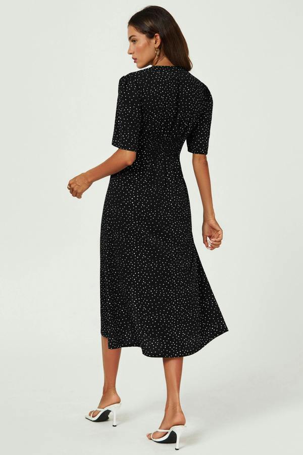 FS Collection Dot Print Button Front Midi Dress In Black