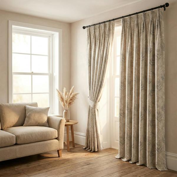 Murcia made-to-measure curtains in Luna, styled in a living room