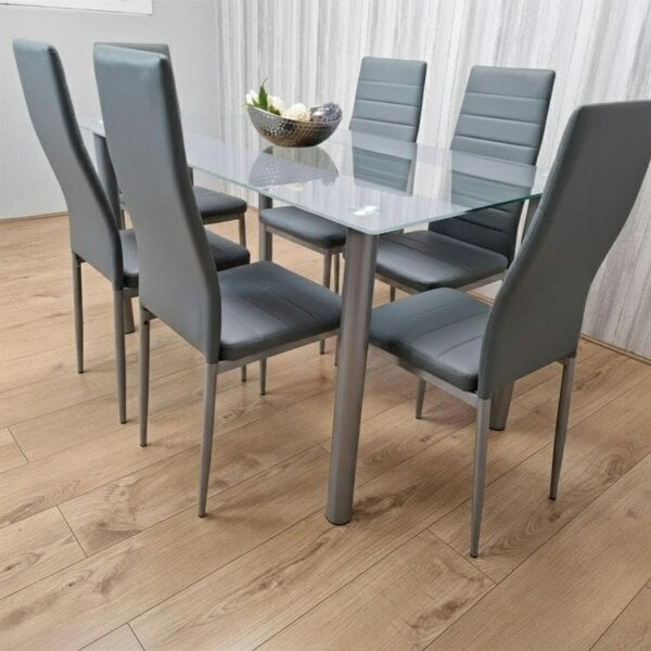 Kosy Koala Grey Glass Dining Table Set with 6 Grey Faux Leather Chairs Modern Dining Furniture