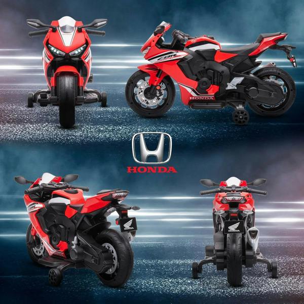 Red and black kids motorcycle shown from multiple angles with training wheels