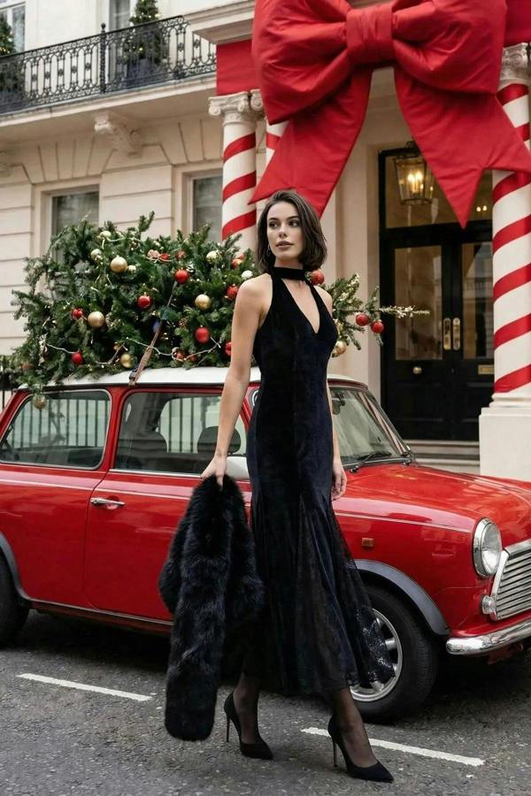 WOVCOR Lace Detail Knitted Velvet Maxi Dress Unlined