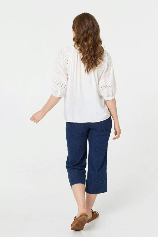 White | Broderie Anglaise 3/4 Puff Sleeve Blouse
