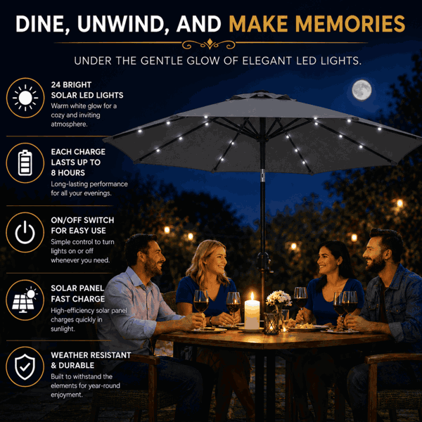 GlamHaus Garden Parasol Solar LED 2.7M ,Tilting Table Umbrella with Crank Handle, Protection UV40, Free Parasol Cover- Dark Grey