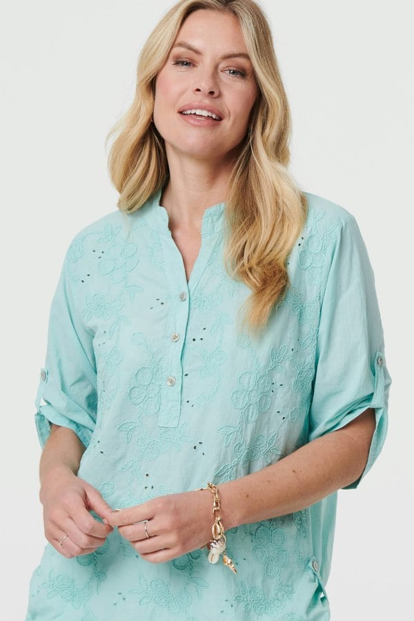 Green | Broderie Anglaise Button Front Blouse
