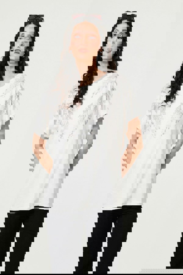 White | Sparkly Feather Print Relaxed T-Shirt
