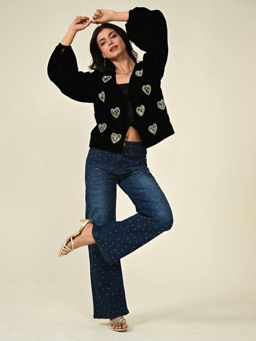 Rose & Nancy Rosheen Black Velvet Hand Embellished Heart Tie Front Top