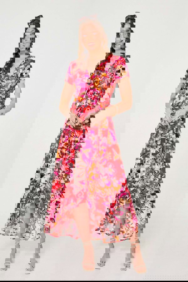 Red | Printed Short Sleeve Wrap Midi Dress
